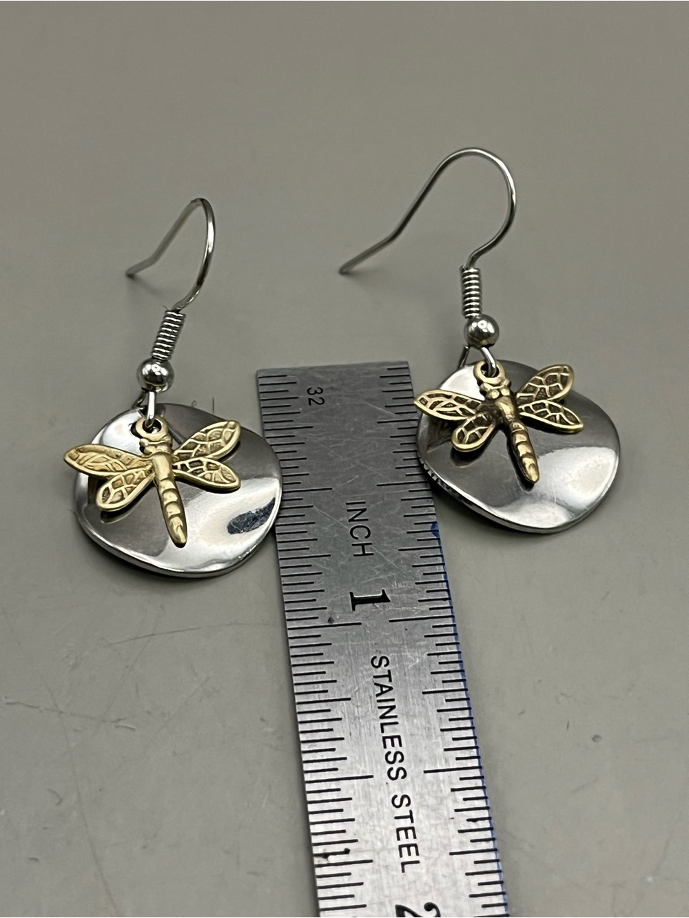 Boho Dragonfly Earrings Silver Tone Disc Brass Gold Charm Dangle Mixed Metal - Picture 2 of 3